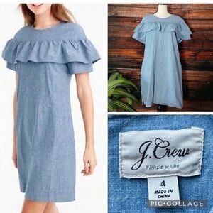 J.Crew Edie Chambray Ruffle Shift Cotton Yoke Dress –With Pockets -  Size 4